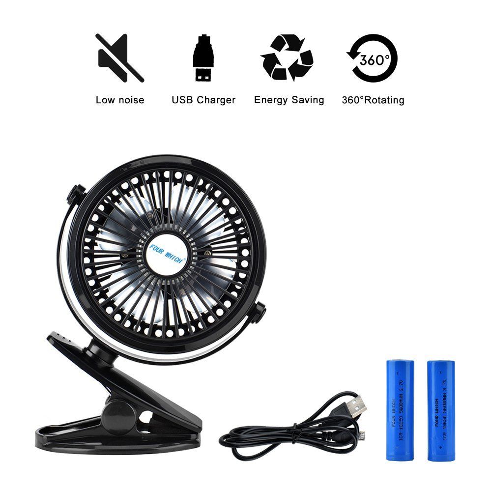 Wuudi Clip-on Battery Operated Mini Desk USB Fan for Car Baby Stroller Camping Tent, Three Speed Adjustment (2 Rechargeable18650 Battery)